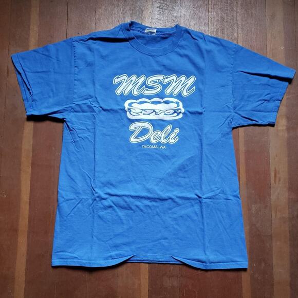 Vtg MSM DELI Tacoma Washington Local Graphic Food Mini Mart T Shirt Blue Large - Picture 1 of 3